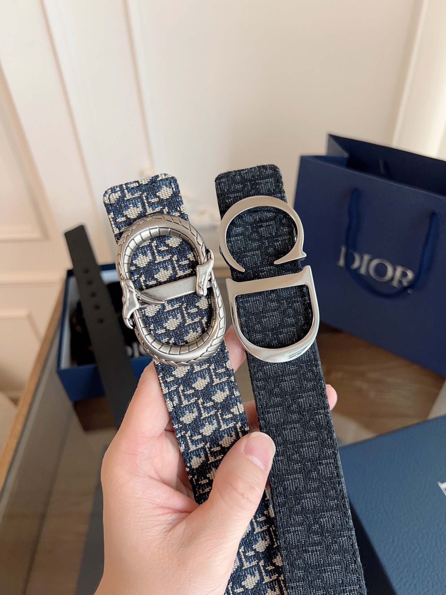 Dior Oblique blue cloth and black leather belt width 3.5CM