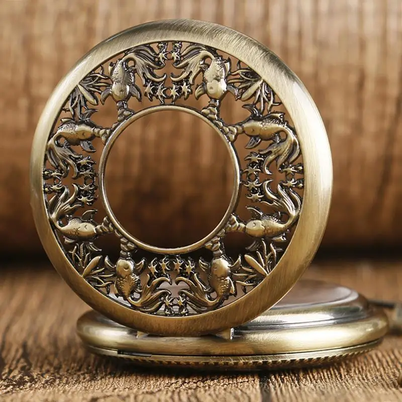 Bronze Hollow Fish Steampunk Hand-winding Mechanical Pocket Watch Pendant Chain Retro Clock for Women Men Gift Reloj De Bolsillo