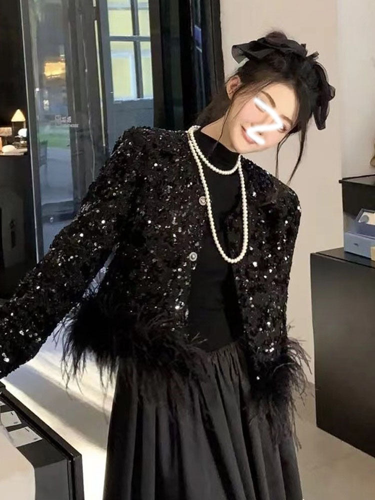 Fashion Sequin Ostrich Hair Coat Top with Hook for Women