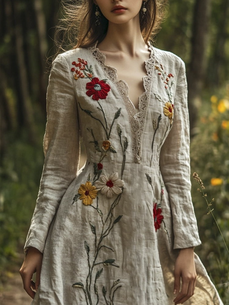Vintage Forest Floral Embroidery Art Women's Linen Flowy Maxi Dress