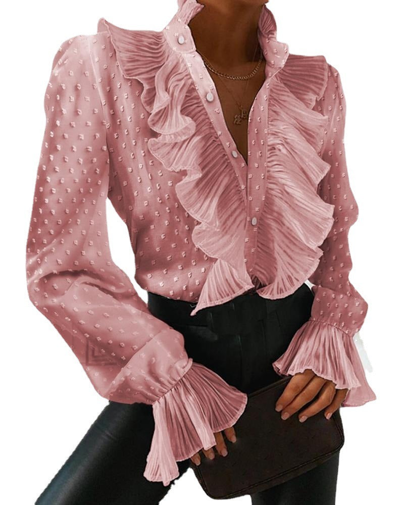 New ruffled flared sleeve pleated long sleeved shirt