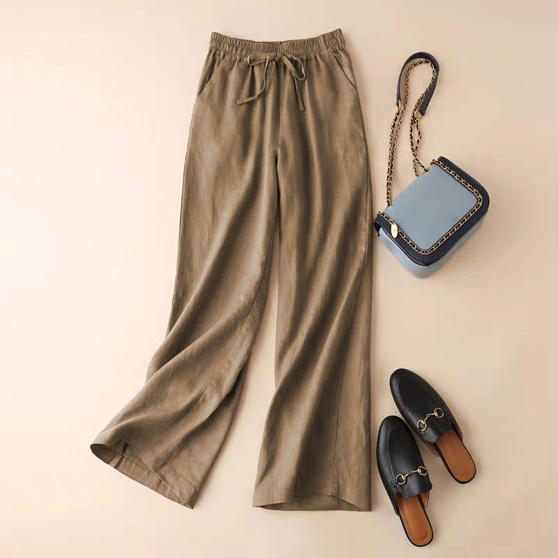 Solid Color Cotton Linen High Waist Straight-Leg Casual Pants