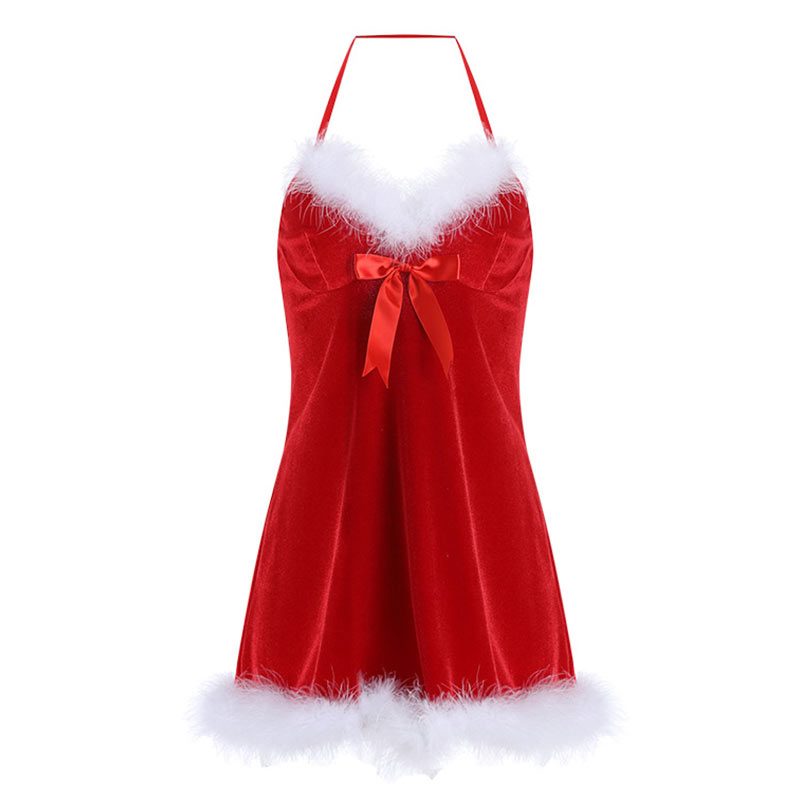 Bow Knot Fluffy Slip Dress Christmas Nightdress Lingerie