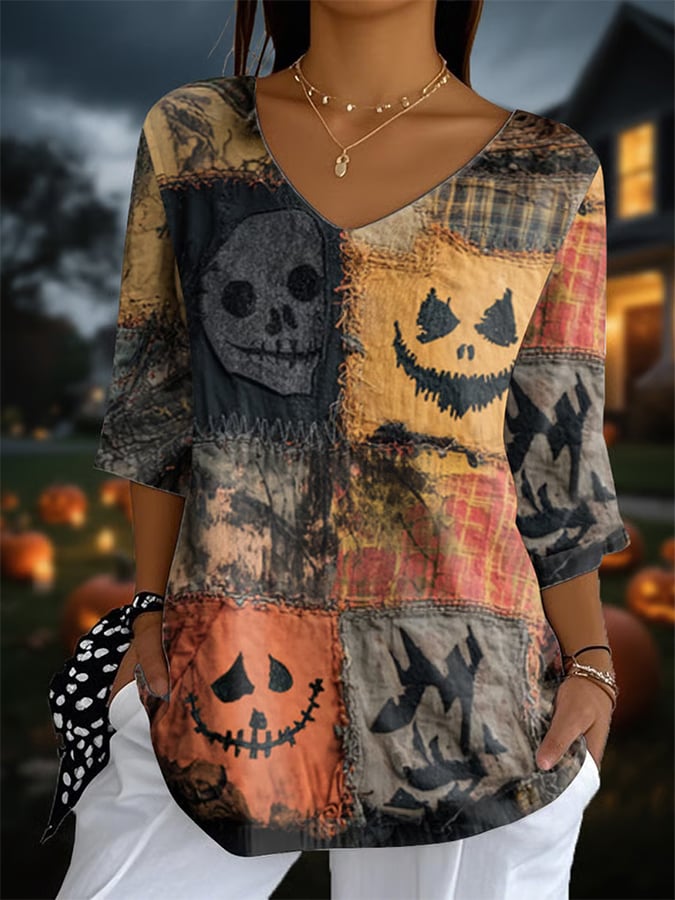 🔥Buy 3 Get 10% Off🔥Women'S Halloween Retro Pumpkin Face Patchwork Print T-Shirt