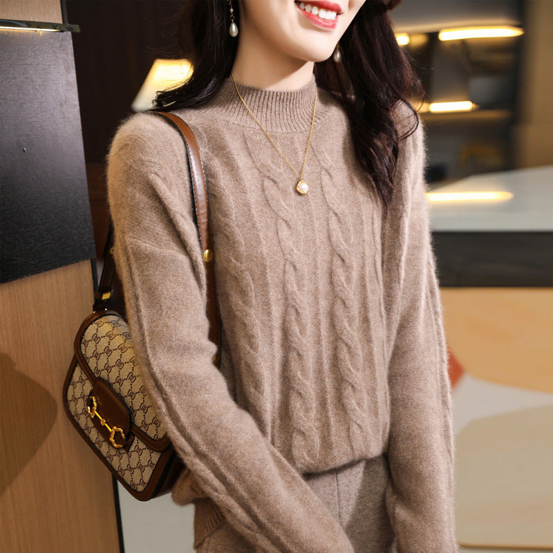 Women's Pure Wool Sweater with Half Turtleneck and Thick Twist Knit Design