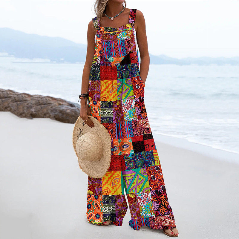 National Style Cotton and Linen Button Suspender Jumpsuit for Ladies