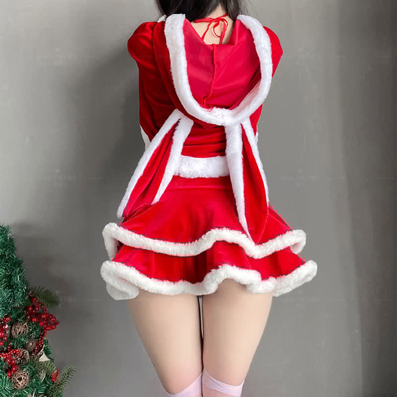 Christmas Bunny Ears Hooded Cloak Velvet Lingerie Set