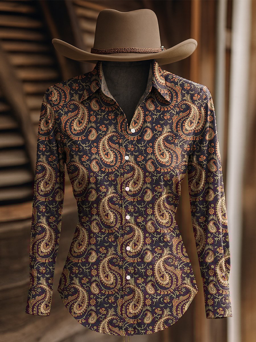 Women's Vintage Paisley Print Western Long Sleeve Shirt