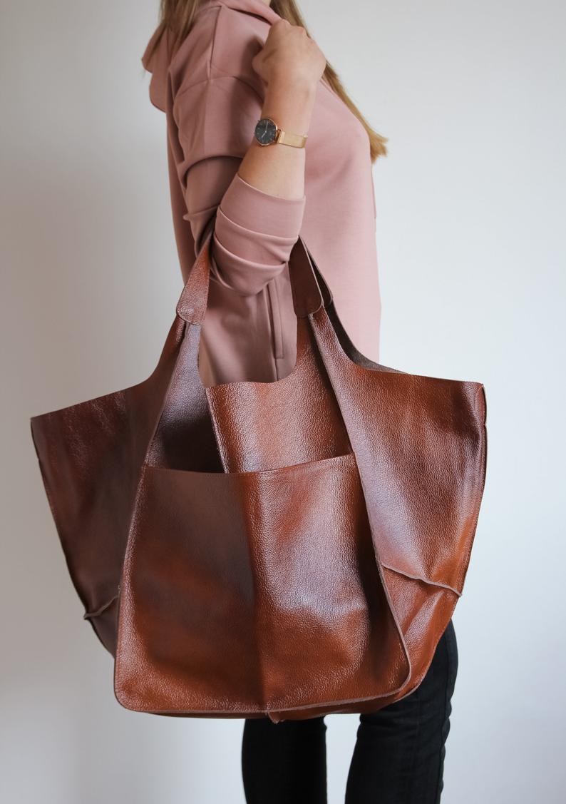 COGNAC LEATHER TOTE bag, Slouchy Tote, Cognac Handbag for Women, Every Day Bag, Women leather bag, Weekender Oversized bag
