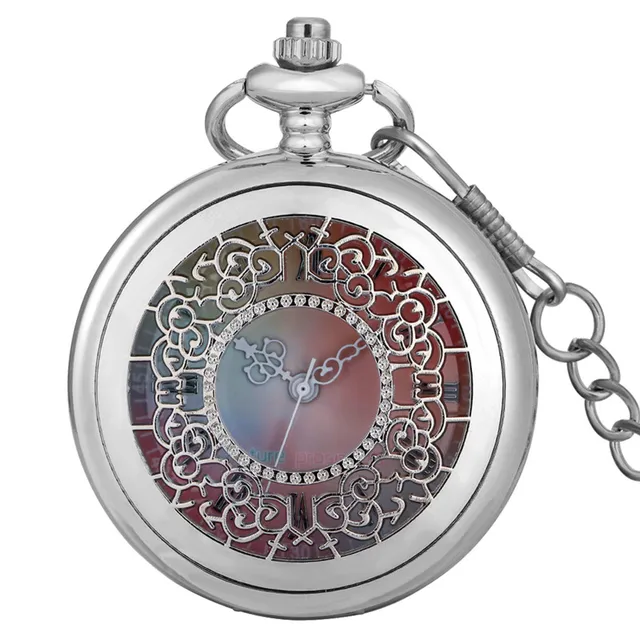 Silver Hollow Out Flower Case Roman Number Quartz Pocket Watch for Women Lady Colorful Dial Pendant Necklace Chain reloj