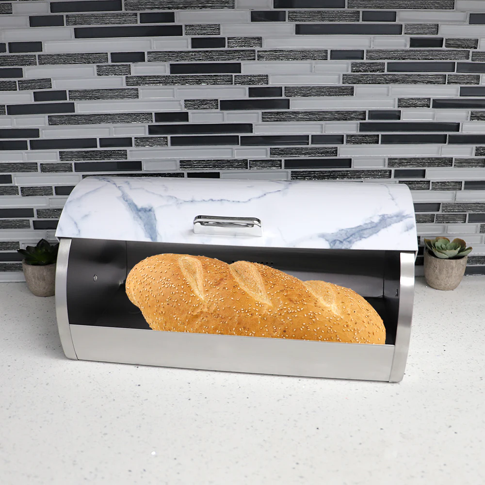 Home Basics Marble Like Roll Top Lid Steel Bread Box, White, 15.5x11.25x7.5 Inches