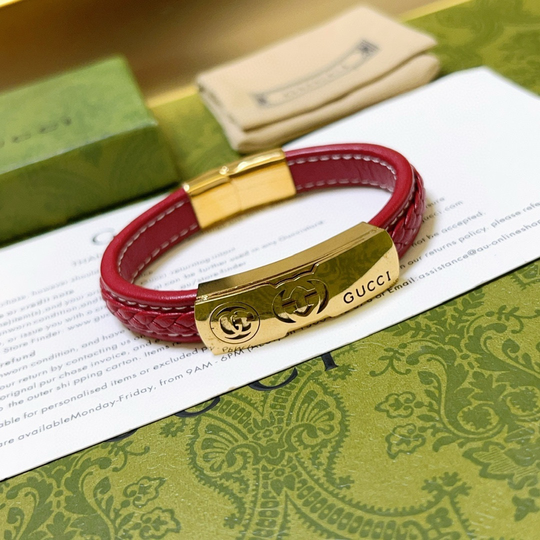 Gucci Braided Red Leather Gold GG Bracelet