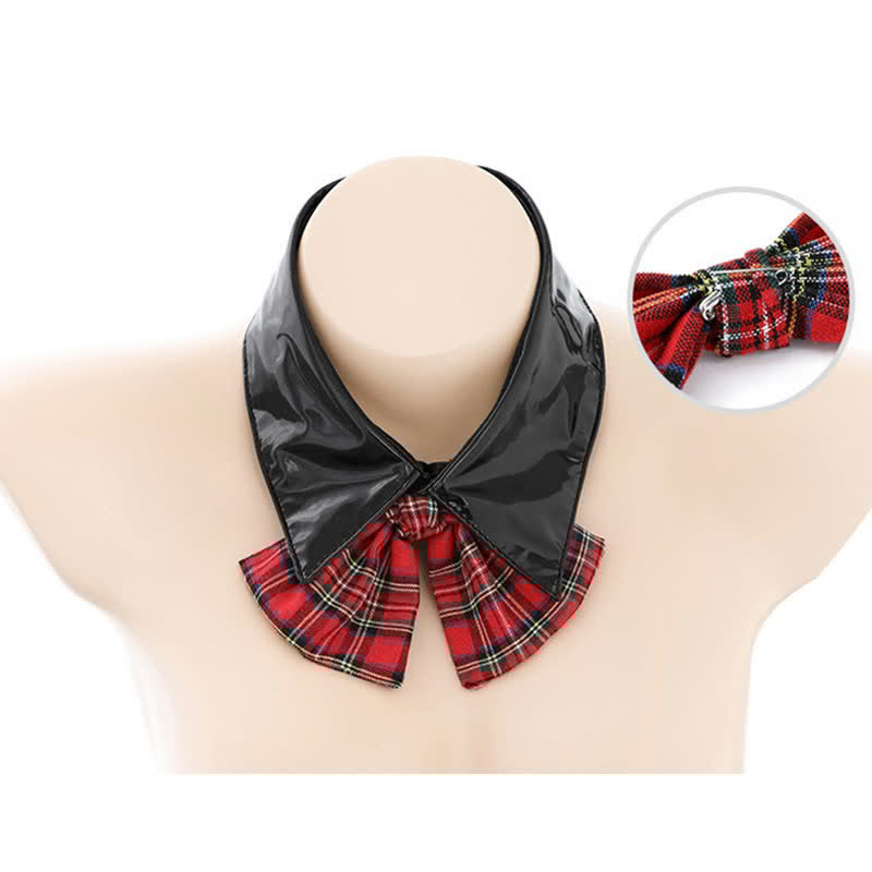 Cospaly Bunny Plaid Print Lace Up Slip PU Lingerie Set
