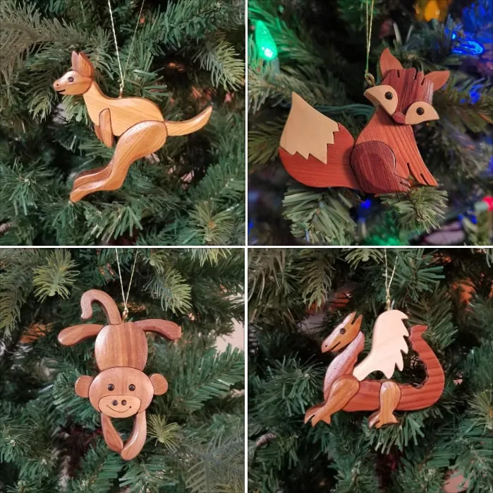 Hand-Carved Wooden Animal Christmas Ornaments