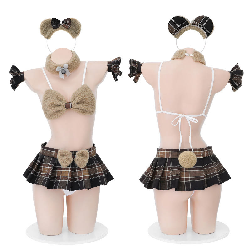 Plush Bow Plaid Bikini Lingerie Set