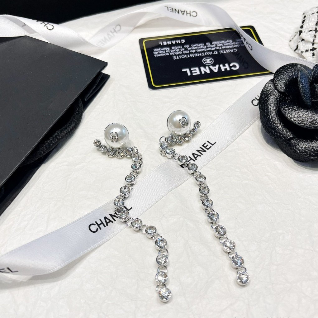 Chanel Silver Round Diamond Long Pearl Earrings
