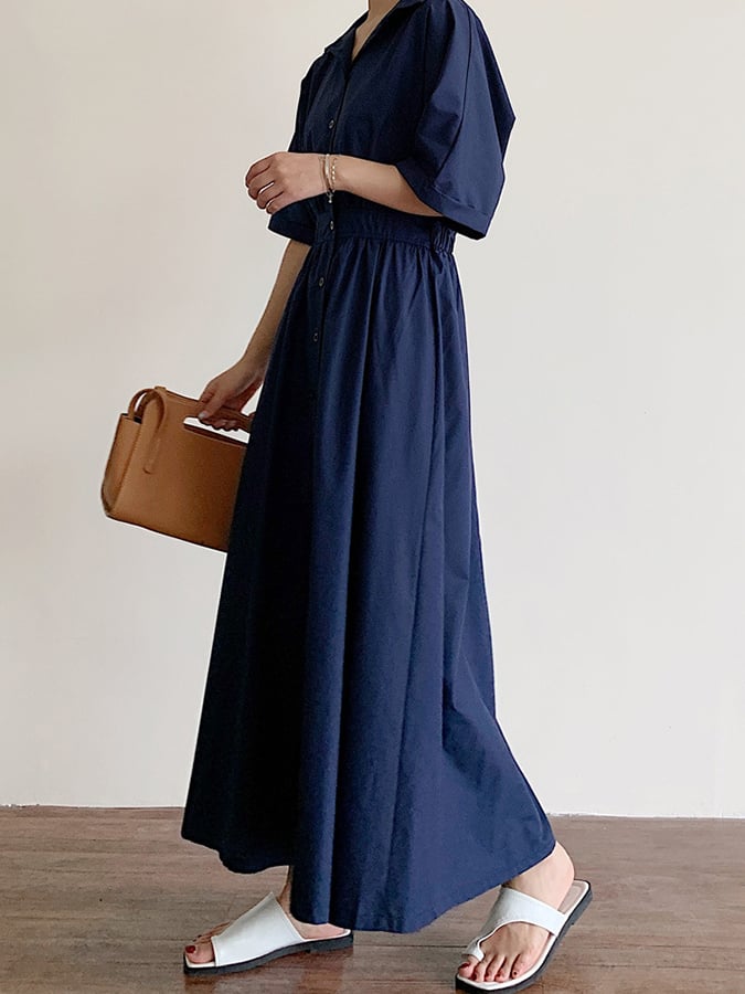 Women's Solid Color Single-Breasted Mid-Length Loose Cotton And Linen Casual Dress