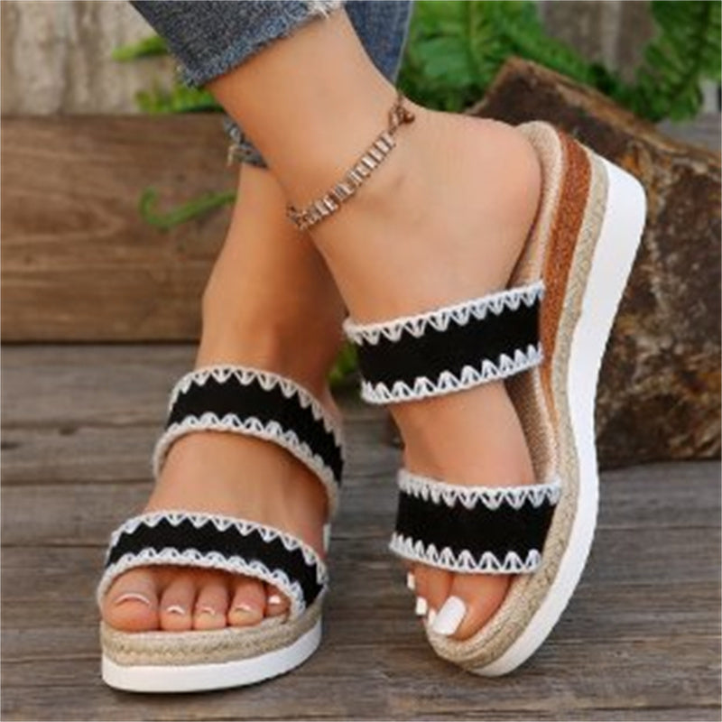 Ethnic Style Sandals: New Hemp Rope Woven Wedge Slippers with Double Wide Straps for Women