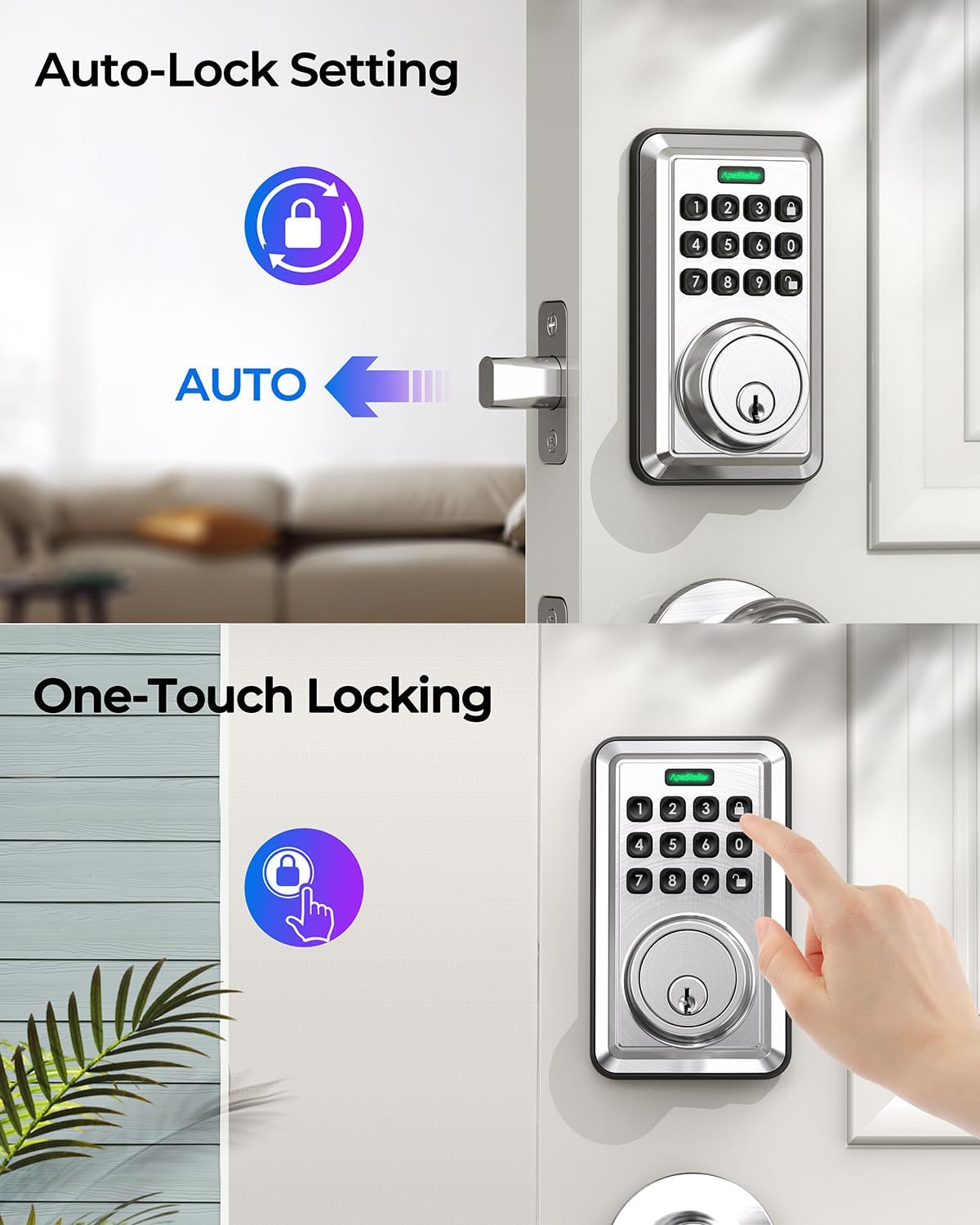 Keyless Entry Door Lock with Keypad - Electronic Keypad Deadbolt - Keyed Entry, Auto Lock, Anti-Peeking Password - Electronic Door Lock - Easy Installation - Satin Nickel -ApeStellar