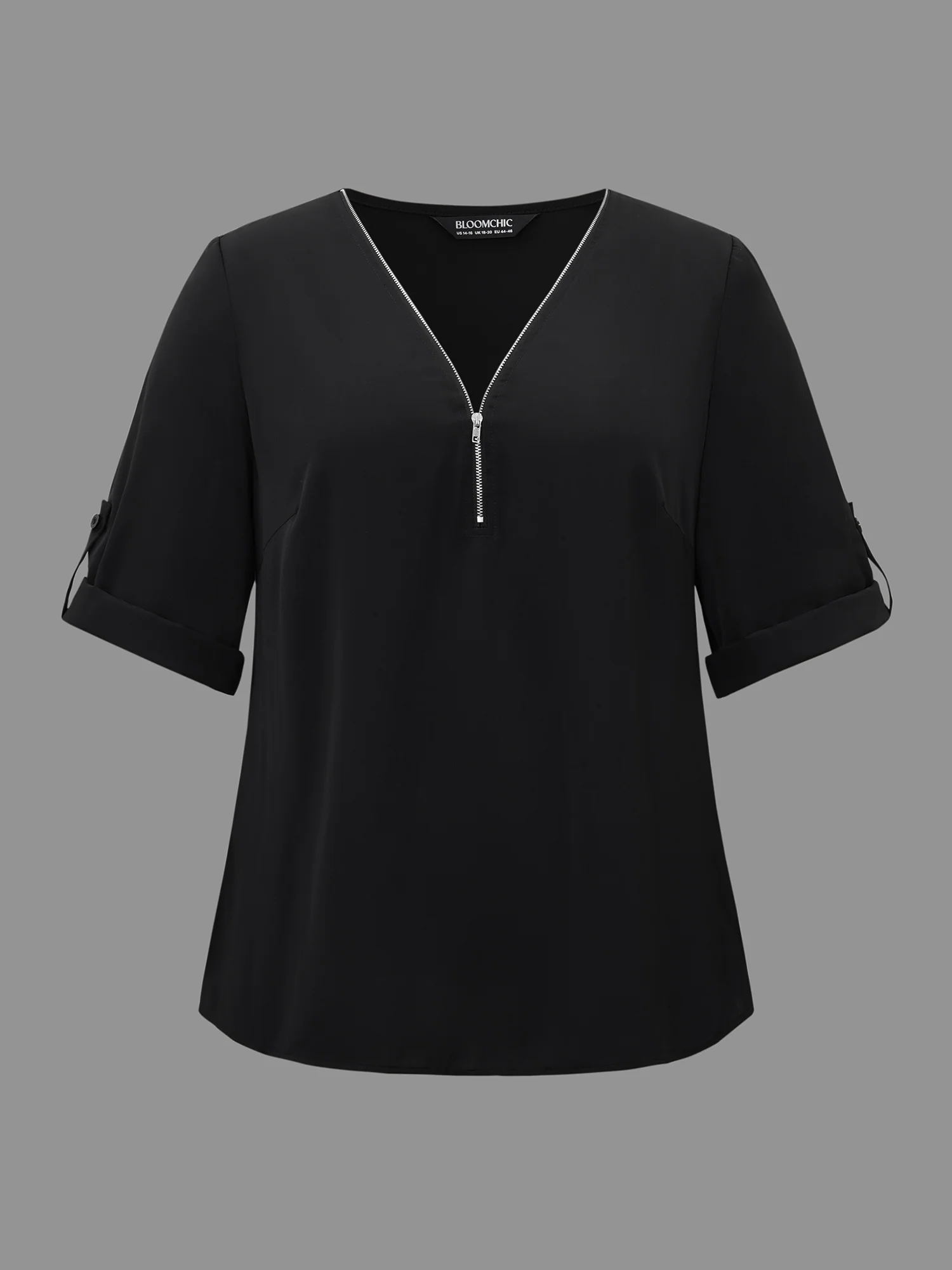 Plain V Neck Half Zip Tab Sleeve Blouse