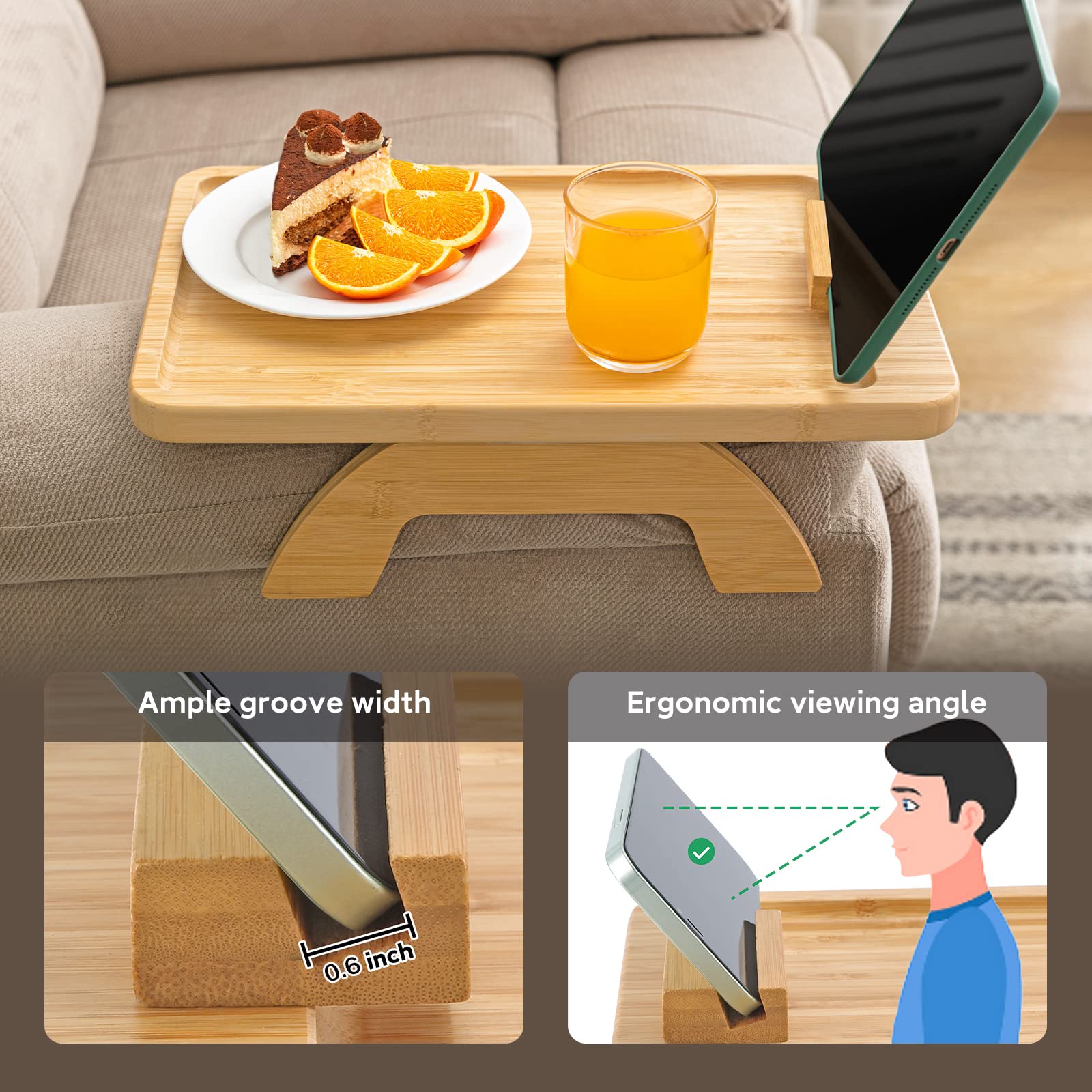 Foldable Couch Tray, Bamboo Sofa Clip on Side Table