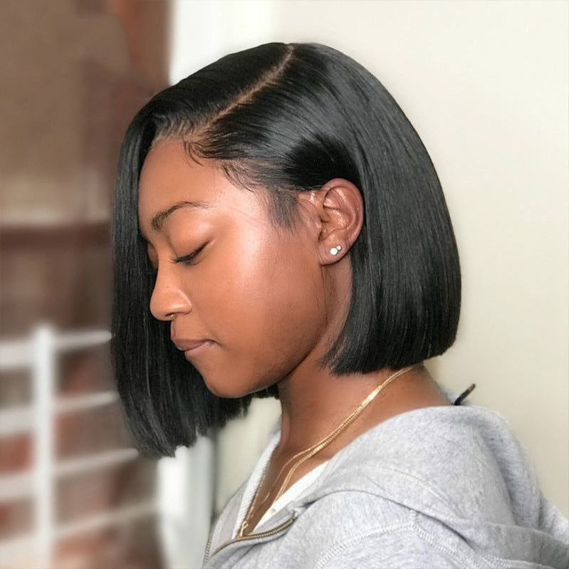 Lunawigs African American Female Black Side Parted Short Straight Wig