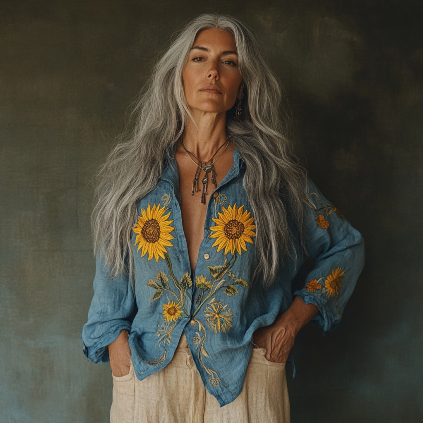 Bohemian Linen Floral With Ukraine Sunflower Art Print Long Sleeve Shirt