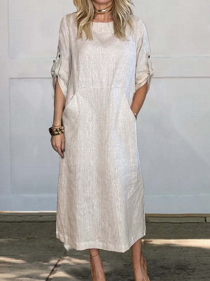 Women's Casual Loose Solid Color Cotton And Linen Dress