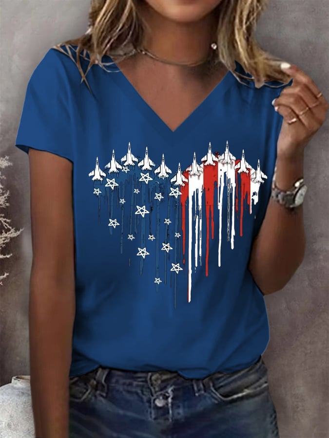 Women's Flag Independence Day V-Neck Printed T-Shirt
