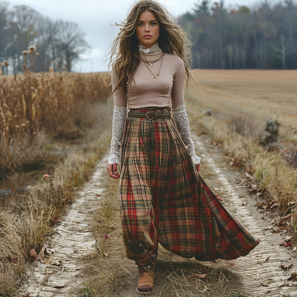 Women's Retro High Neck Long Skirt Plaid Pastoral Style Skirts
