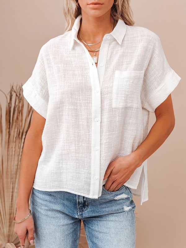 Women's cotton linen short sleeves ladies lapel buttoned shirt