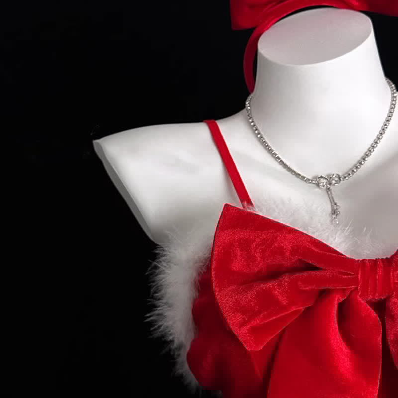 Sexy Backless Christmas Lingerie Dress Stockings Set
