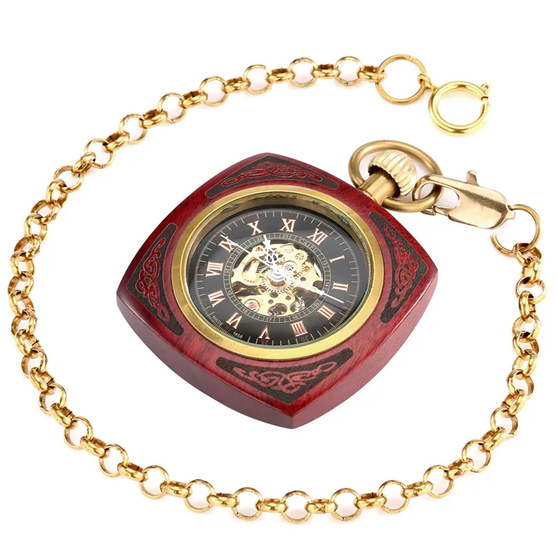 Classical Square Case Red Sandalwood Automatic Mechanical Pocket Watch for Mens Womens Open Face Roman Number Clock with Chain