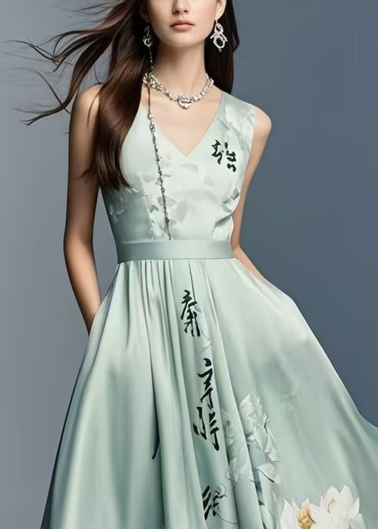 Fine Green Print Exra Large Hem Silk Cami Dresses Summer