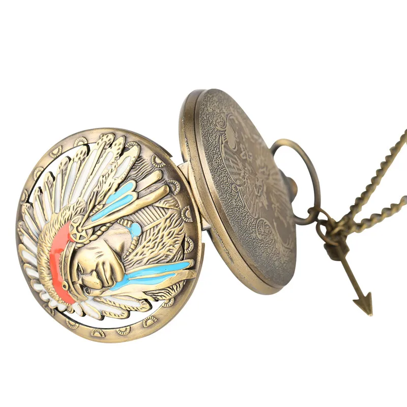 Old Fashion Indian Man Design Arabic Number Quartz Pocket Watch for Men Women Necklace Chain Pendant Arrow Gadget Reloj