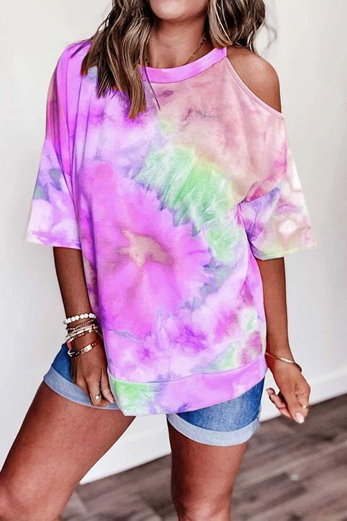Heididress Cold Shoulder Short Sleeve Tie Dye T-shirt