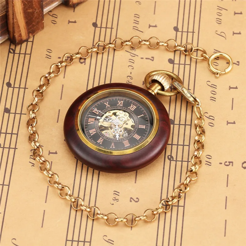 Antique Wooden Case Handwinding Mechanical Pocket Watch for Men Women Skeleton Clock Pendant Chain Roman Number Dial Hour Gift