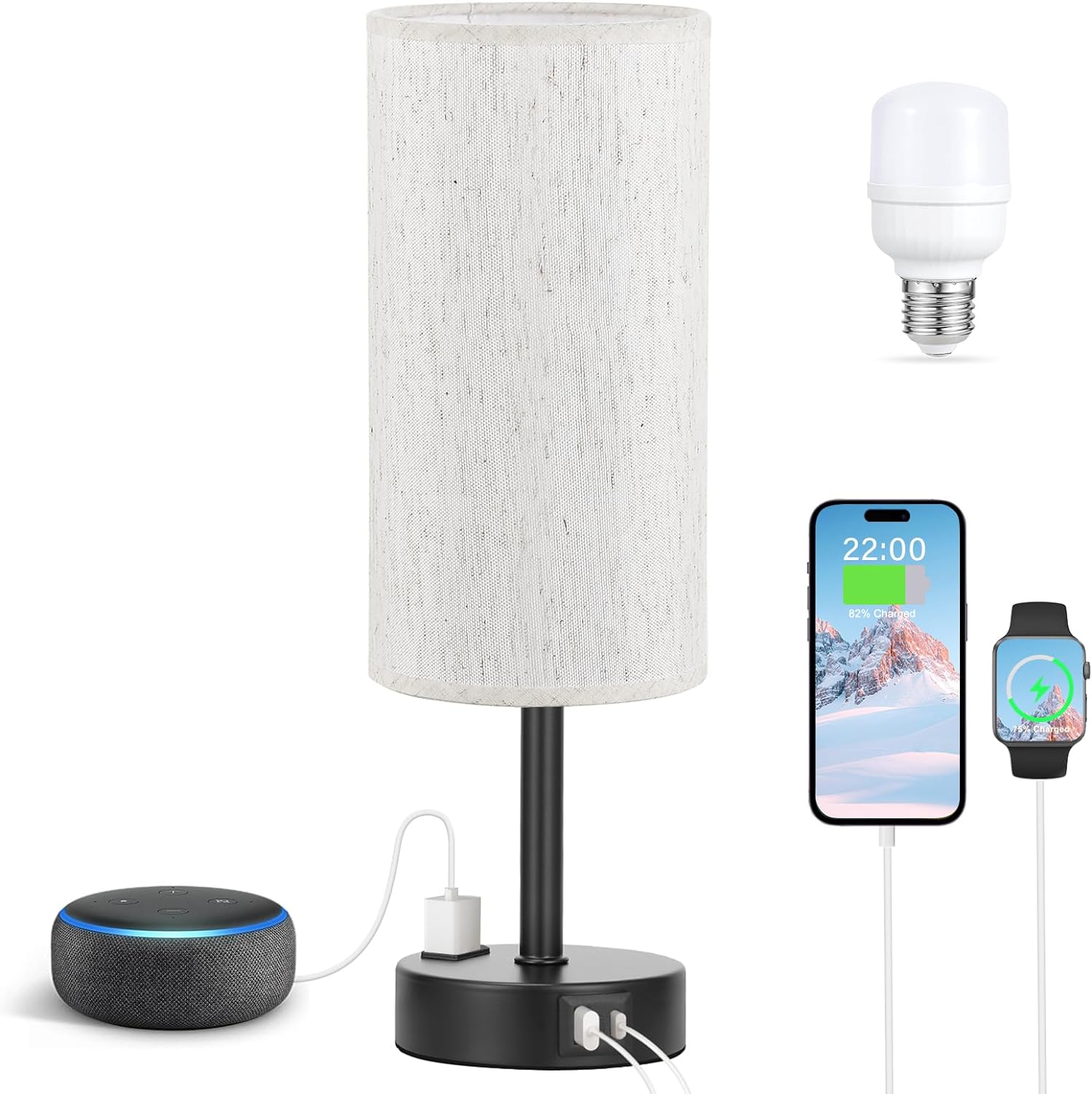 Bedside Table Lamp for Bedroom - 3 Way Dimmable Touch Lamp USB C Charging Ports and AC Outlet, Small Lamp Wood Base Round Flaxen Fabric Shade for Living Room, Desk, LED Bulb Included