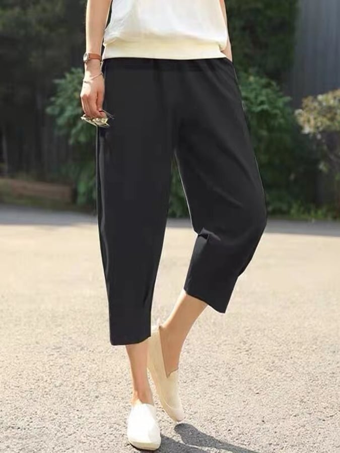 Women's Solid Color Loose Elastic Waist Casual Cotton And Linen Pants
