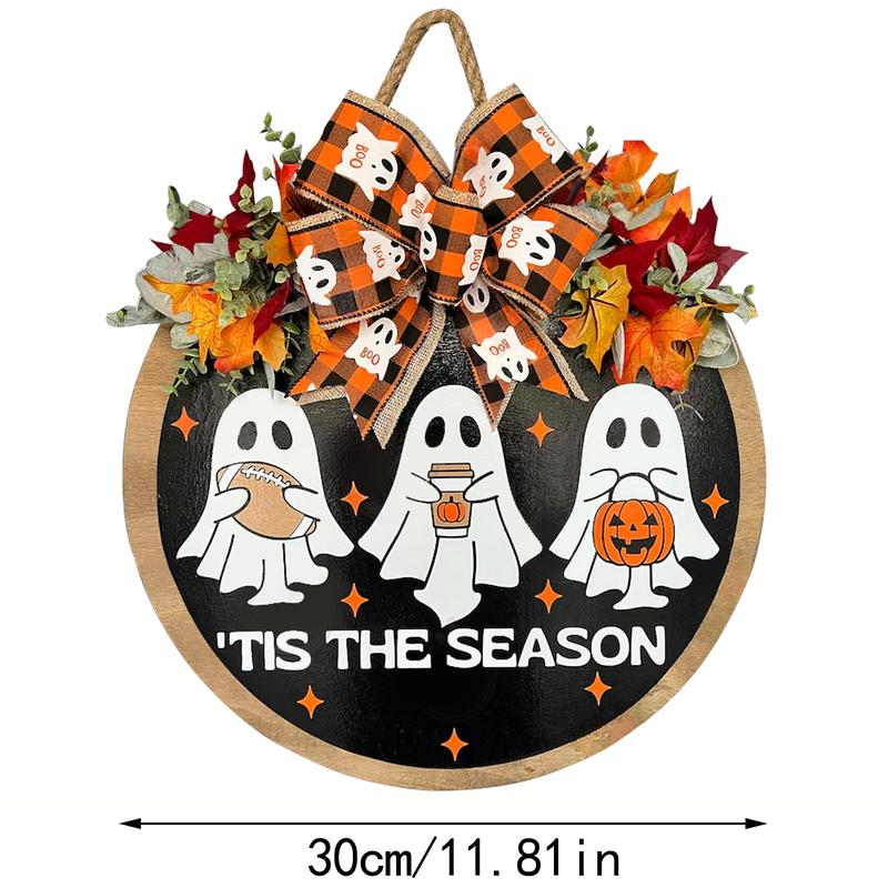 🎃 Halloween Ghost Wreath for Front Door – Happy Halloween Sign with Fall Maple Leaves & Autumn Football Accents – Perfect Porch & Home Decor