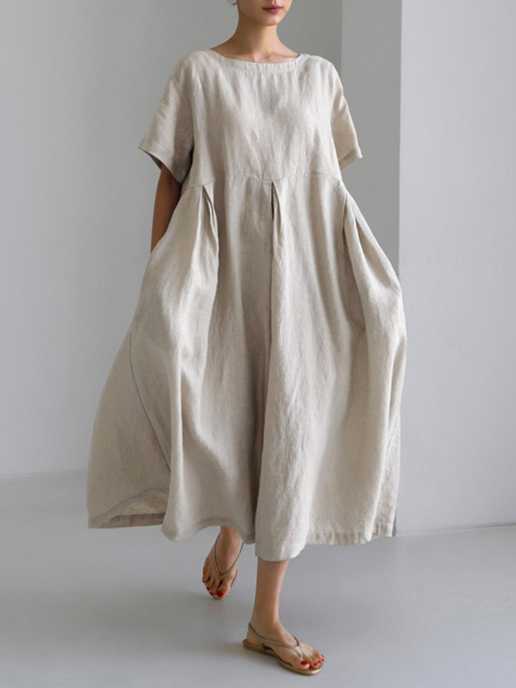 Solid Color Pleat Round Neck Maxi Dress