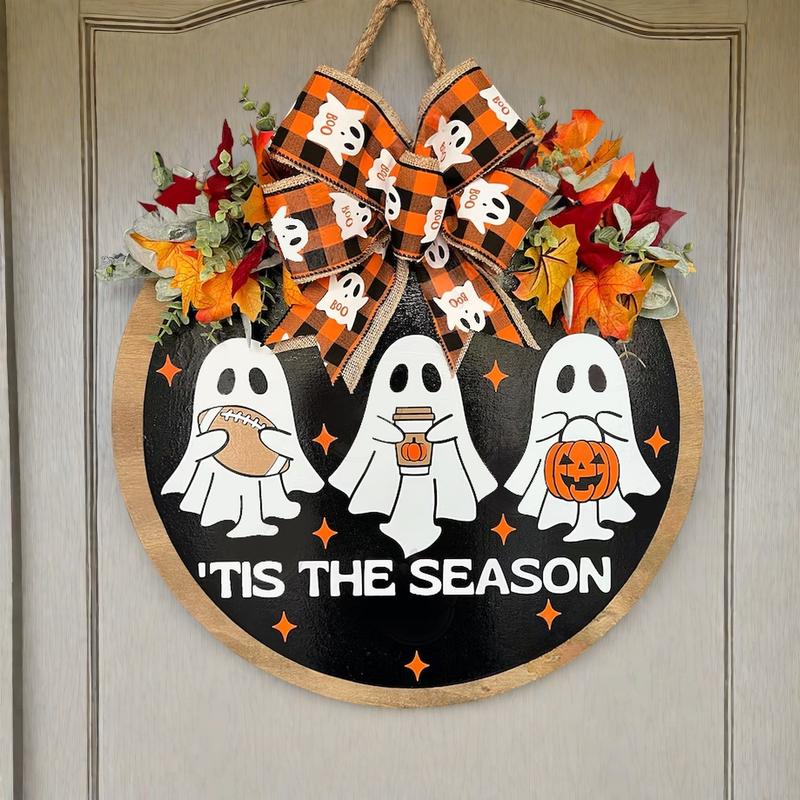 🎃 Halloween Ghost Wreath for Front Door – Happy Halloween Sign with Fall Maple Leaves & Autumn Football Accents – Perfect Porch & Home Decor