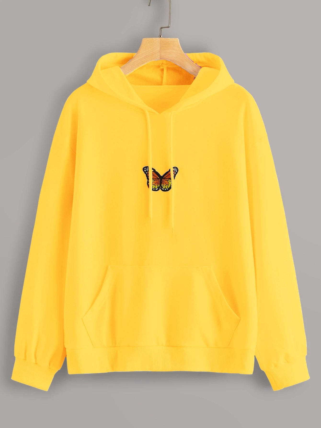 Butterfly Embroidered Kangaroo Pocket Drawstring Hoodie