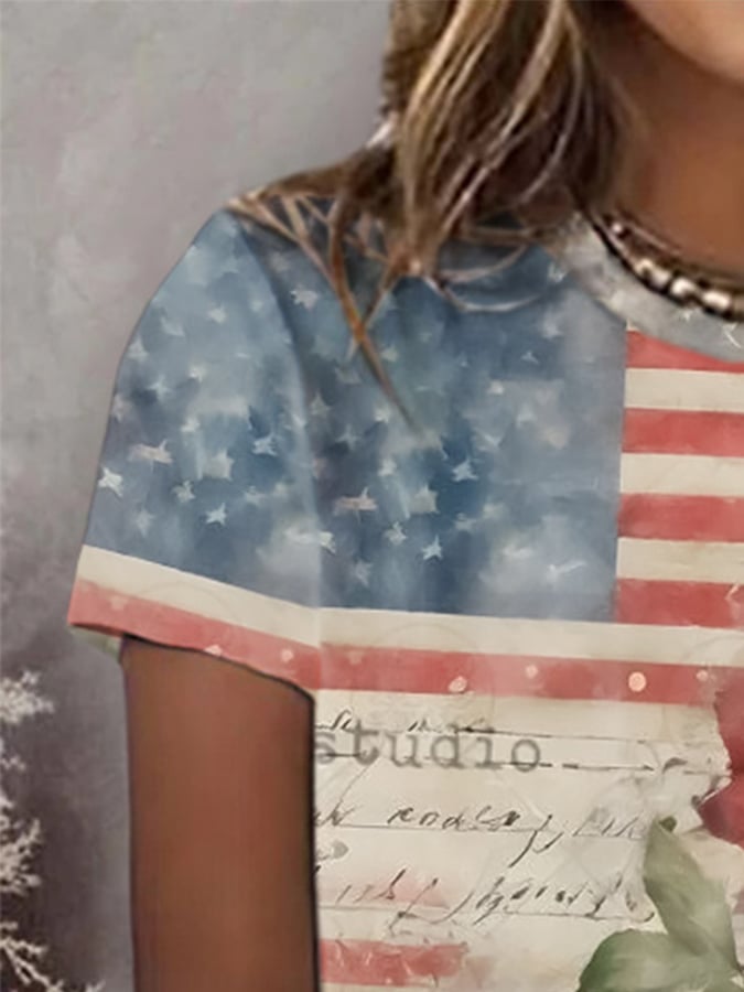 Women'S Independence Day Round Neck Retro Floral Print Casual T-Shirt