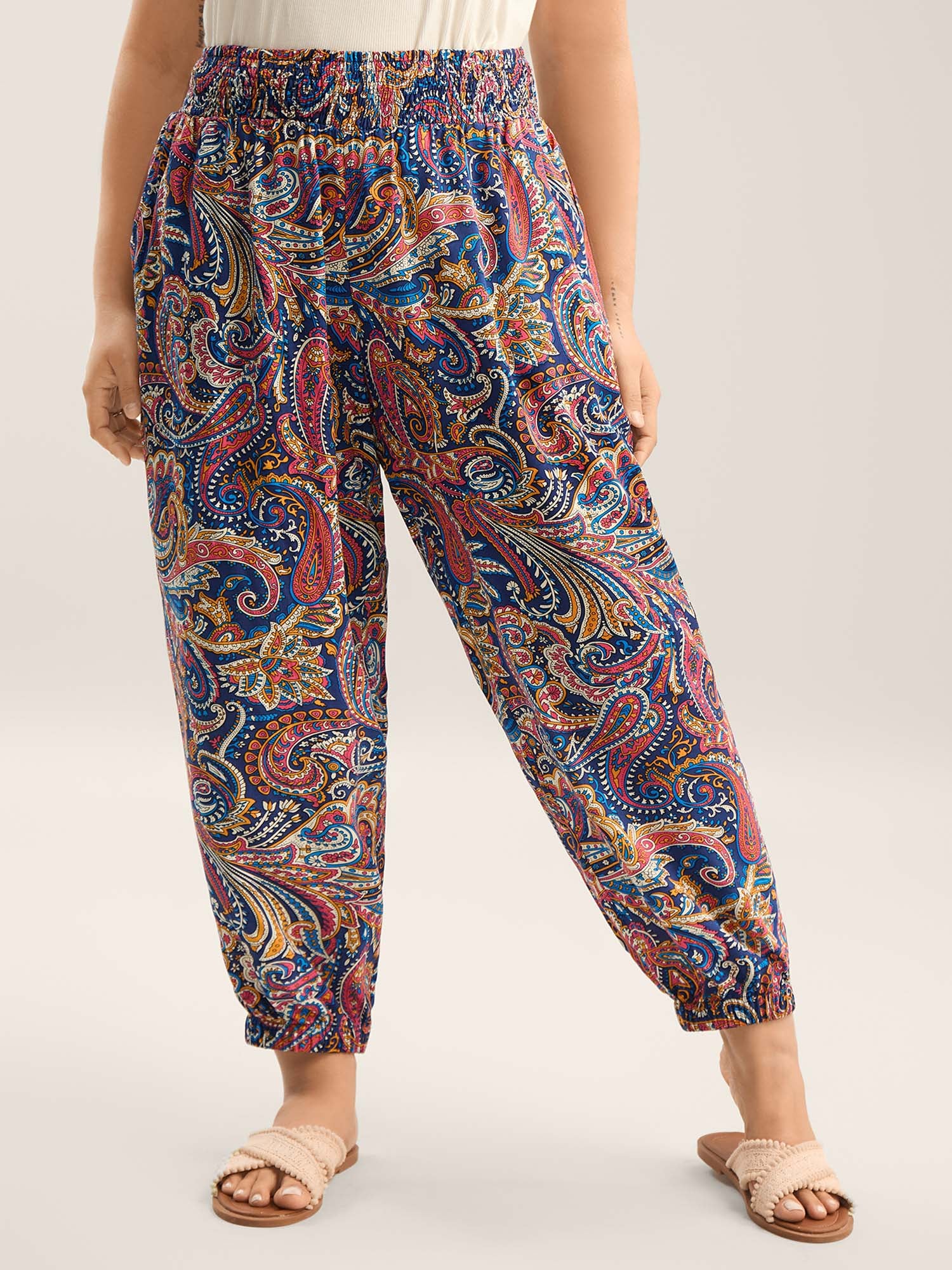 Paisley Print Shirred Waist Jogger Pants