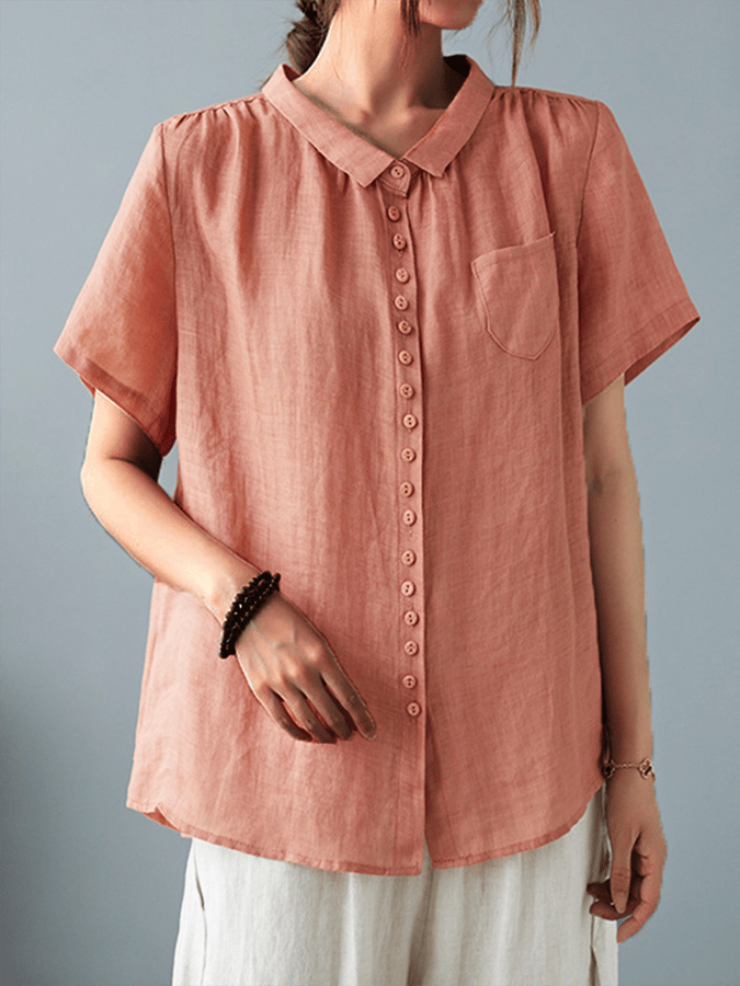 Ladies Casual Cotton And Linen Shirt With Lapel Button Design