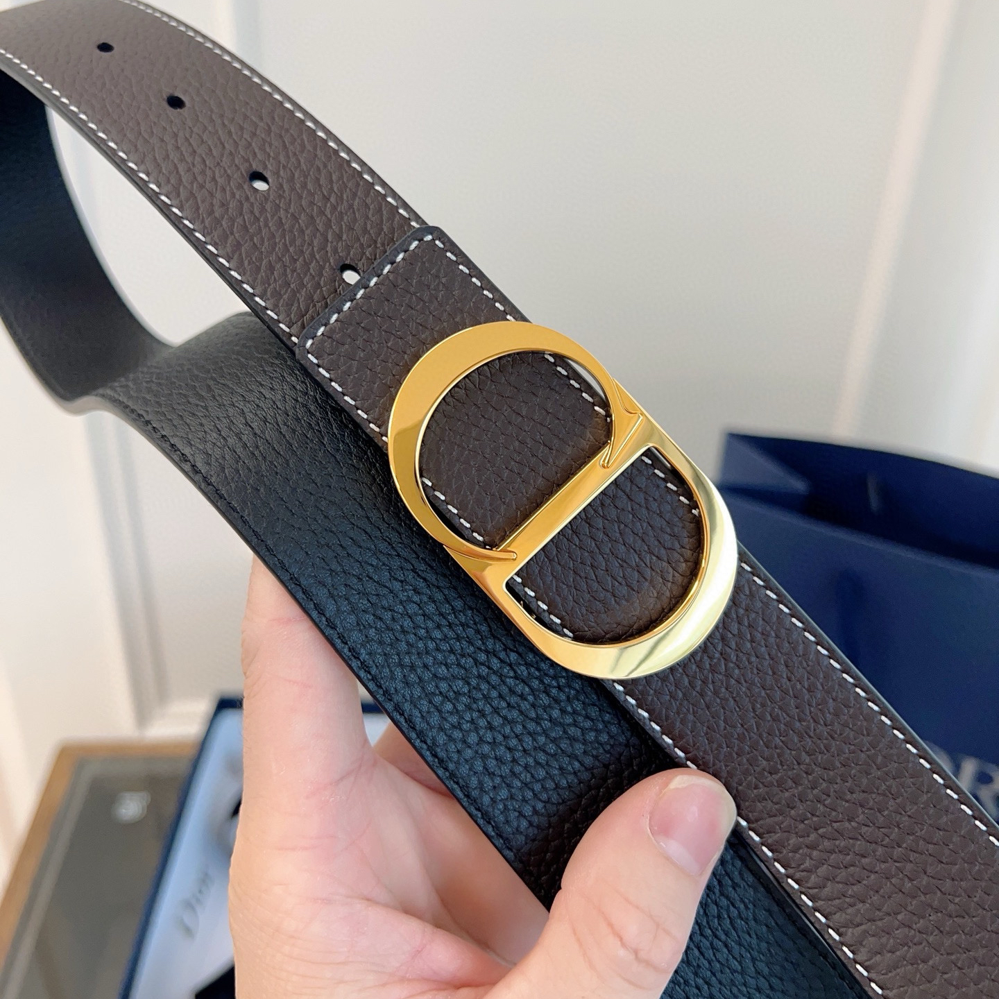 Dior coffee black double-faced cowhide belt width 3.5cm