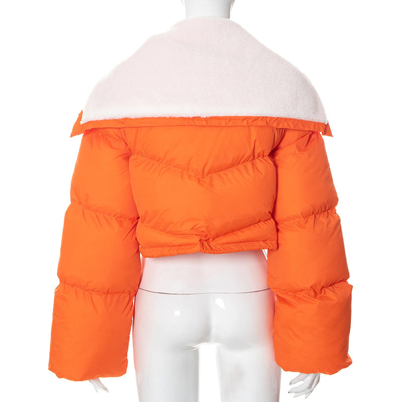Winter Solid Color Letter Graphic Fur Collar Zipper Drawstring Women Clothing Casual Cotton Padded Jacket Top
