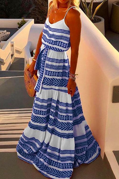 Heididress Bohemia V Neck Tie Waist Printed Maxi Cami Dress