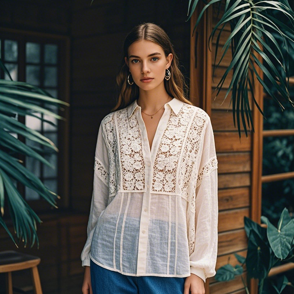 Women's Floral Lace Embroidery Art Long Sleeve Shirt